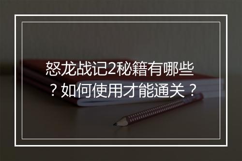 怒龙战记2秘籍有哪些?如何使用才能通关?