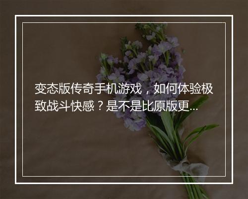 变态版传奇手机游戏，如何体验极致战斗快感？是不是比原版更刺激？