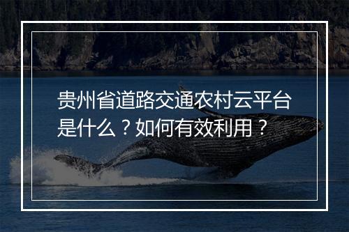 贵州省道路交通农村云平台是什么?如何有效利用?