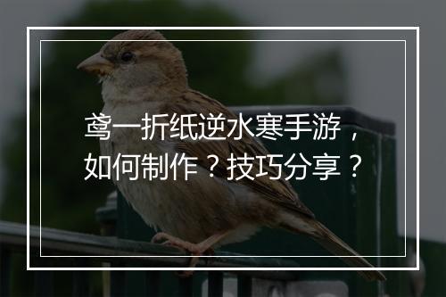 鸢一折纸逆水寒手游，如何制作？技巧分享？